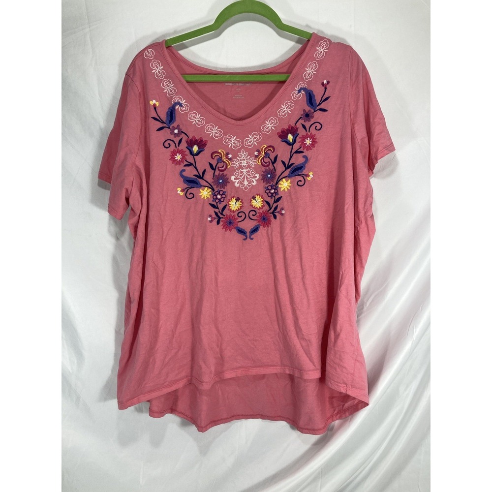 WOMAN WITHIN PLUS SIZE  1x SHORT SLEEVE SHIRT BERRY PINK ROSES FLORAL